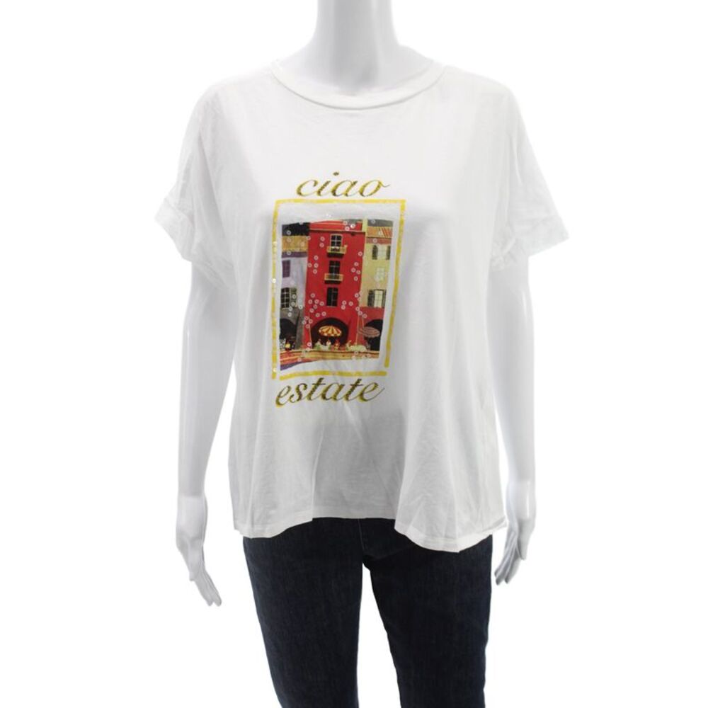 Marella Womens Basic White Cotton Crew Neck Graphic Tee Short Sleeve Size XL